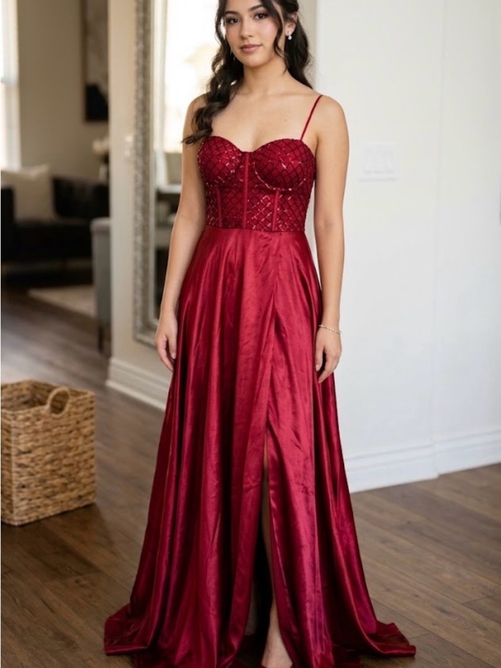 Windsor Wine Red Satin Prom Gown with Embellished Corset